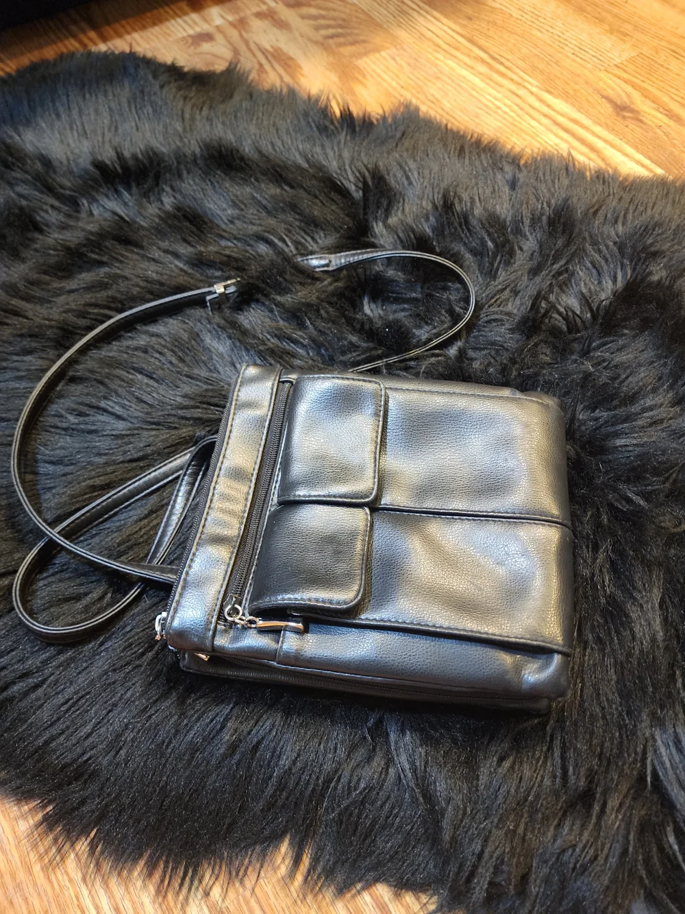 Black Faux Leather Crossbody Organizer Bag with Front Pockets Unisex